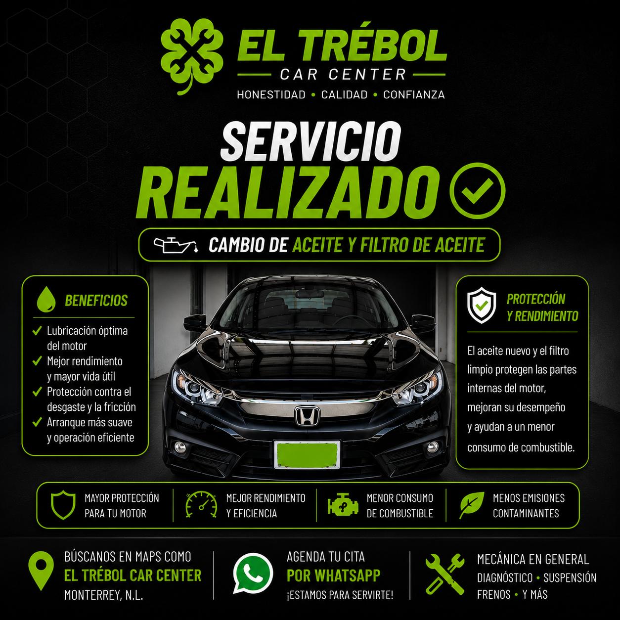 Cambio de aceite y filtro de aceite en Honda Civic — El Trébol Car Center Monterrey