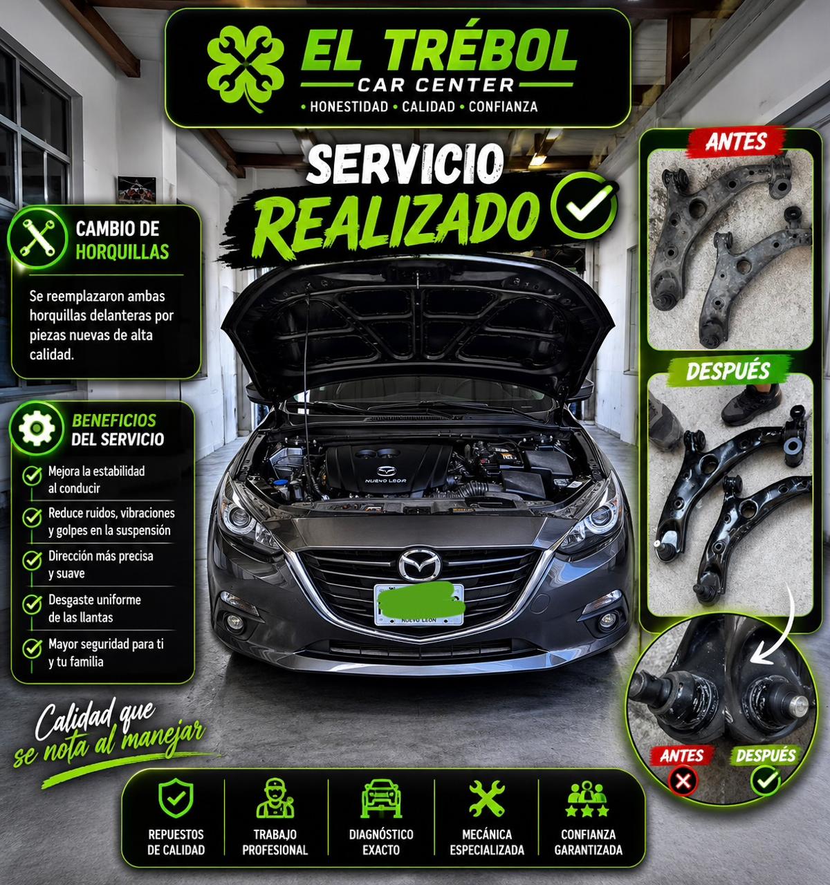 Cambio de horquillas de suspensión delantera en Mazda 3, antes y después